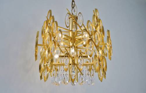 Lobmeyr chandelier gold gilt metal & Swarovski crystals,1970`s Austrian
